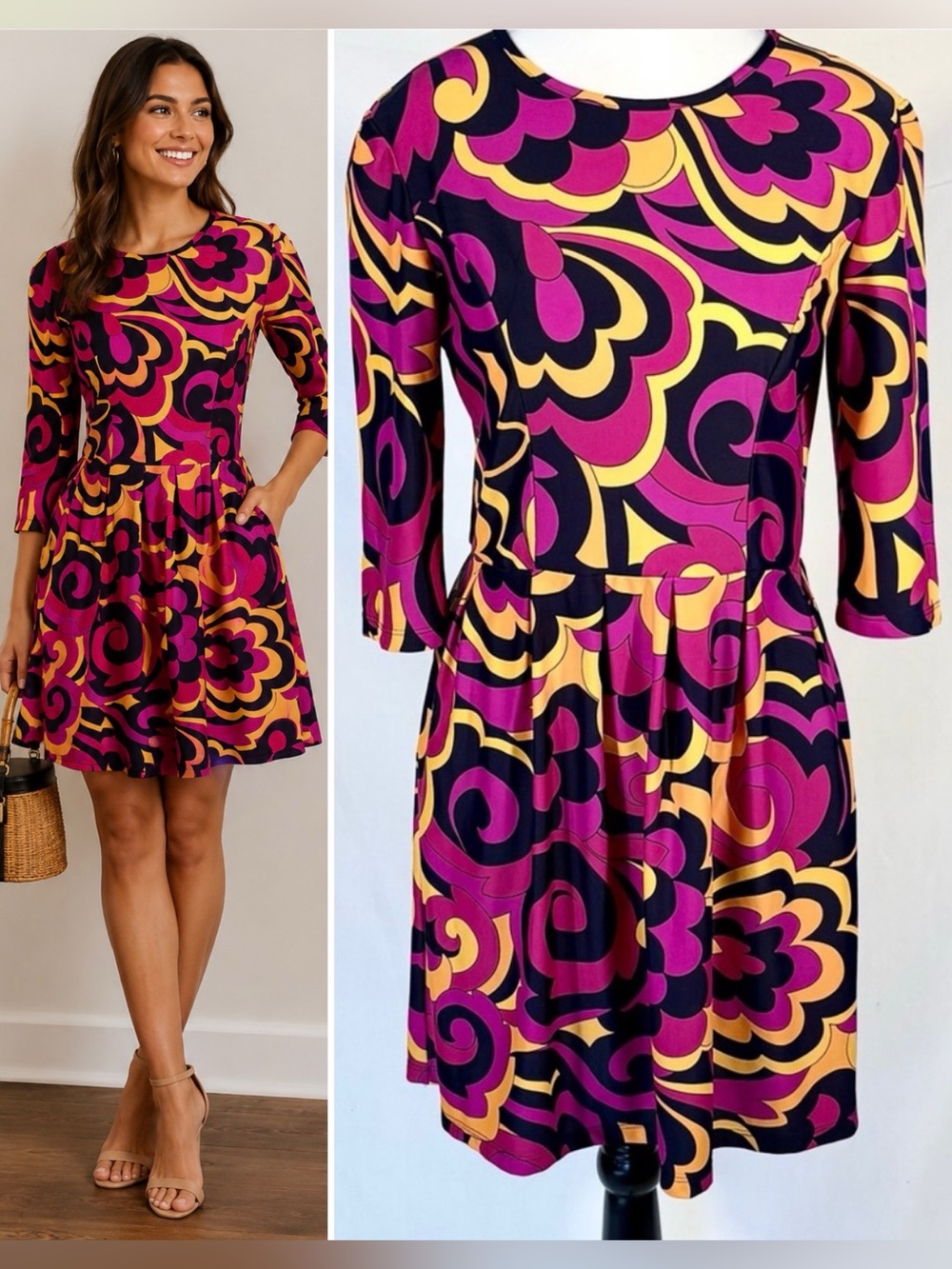 Jude Connally Julia Dress – Retro Swirl Print Fit & Flare Pockets  Sz S🧡